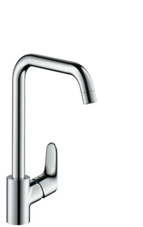 Chromfarbener Spültischmischer von Hansgrohe mit einem hohen, geschwungenen Auslauf und einem seitlichen Bedienhebel für die Wassermengenregulierung.